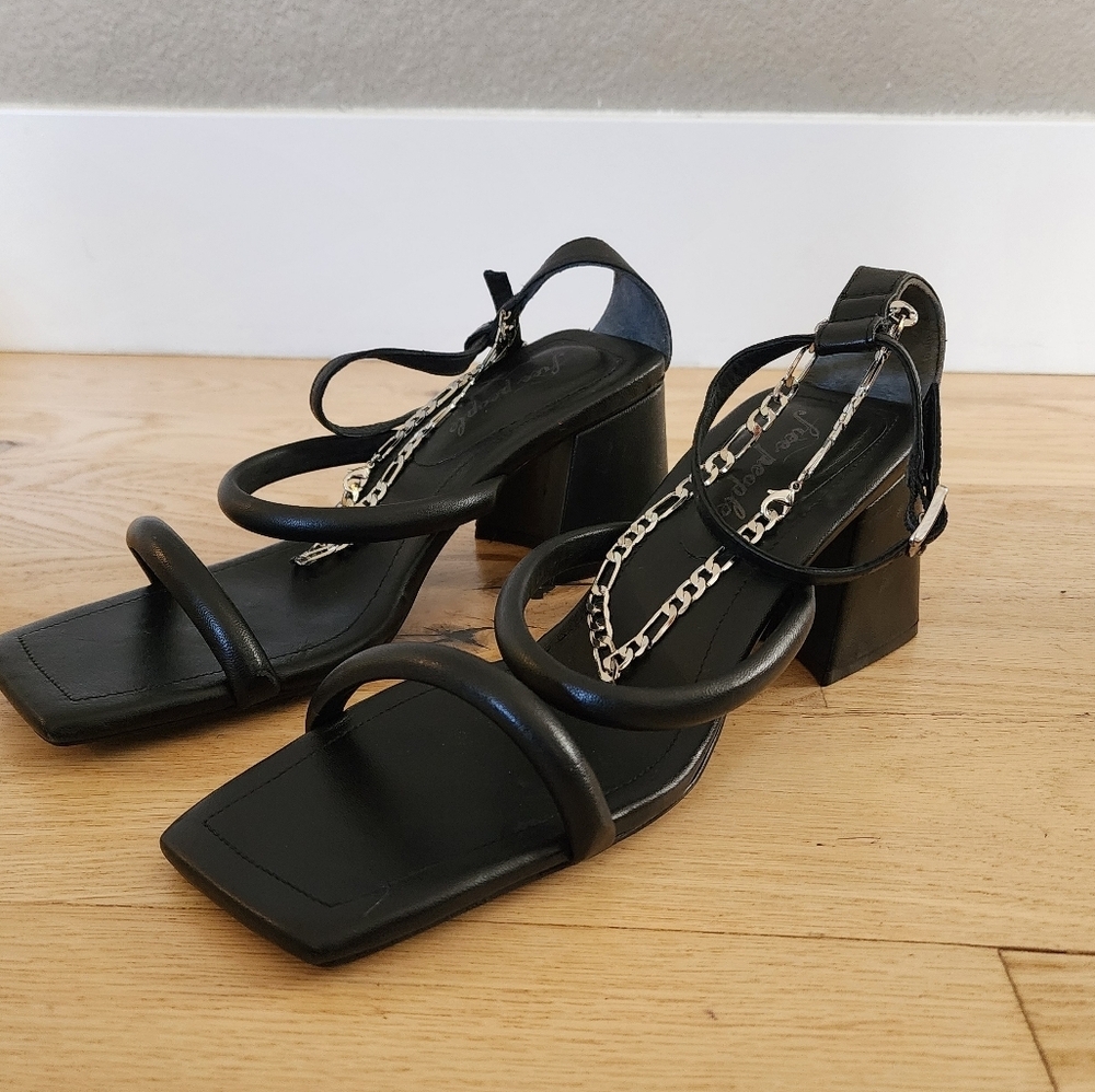 Free People Black Strappy Chain Block Heel Sandals